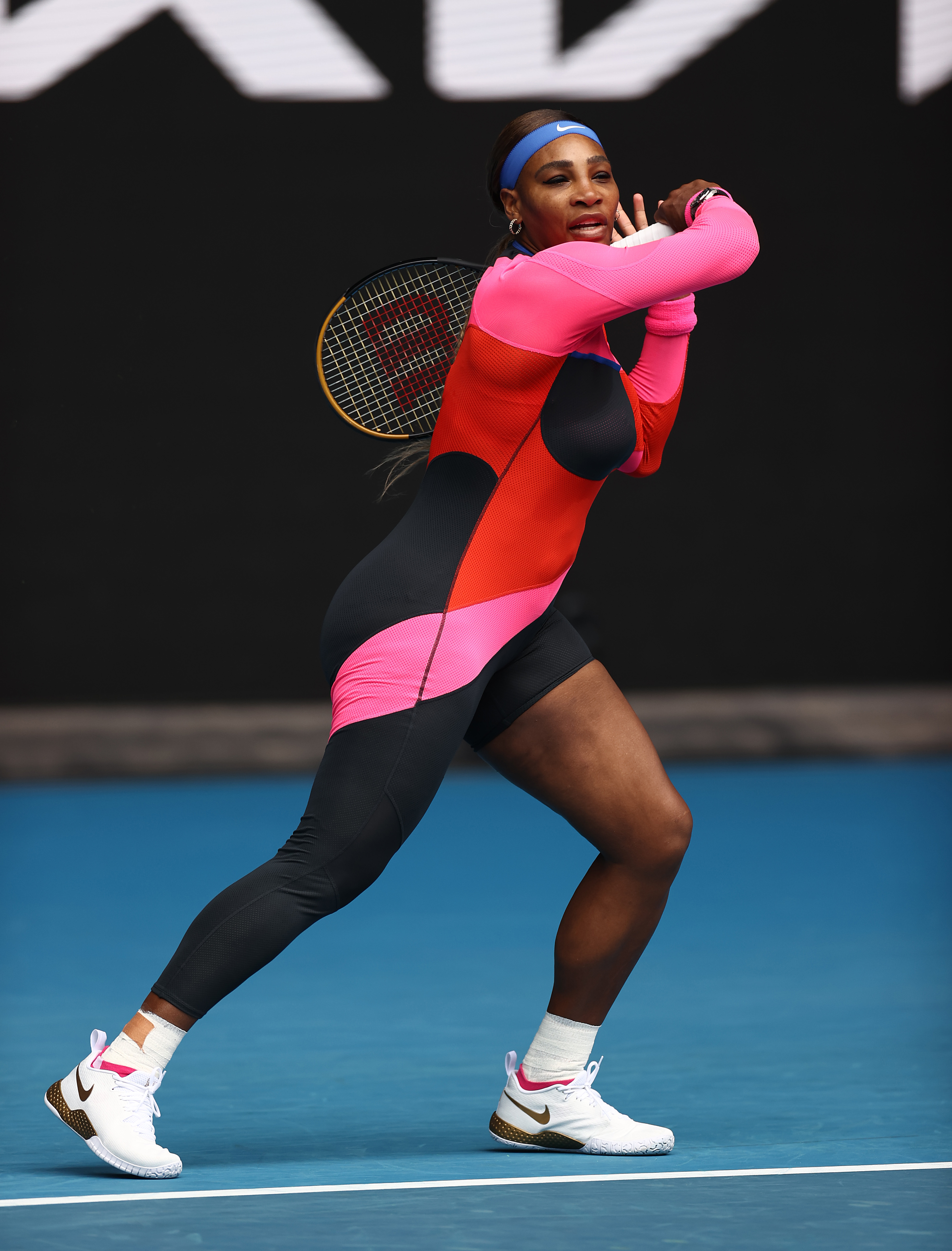 Serena Williams plays against Laura Siegemund in the first round of the Australian Open in Melbourne on February 8, 2021. | Source: Getty Images