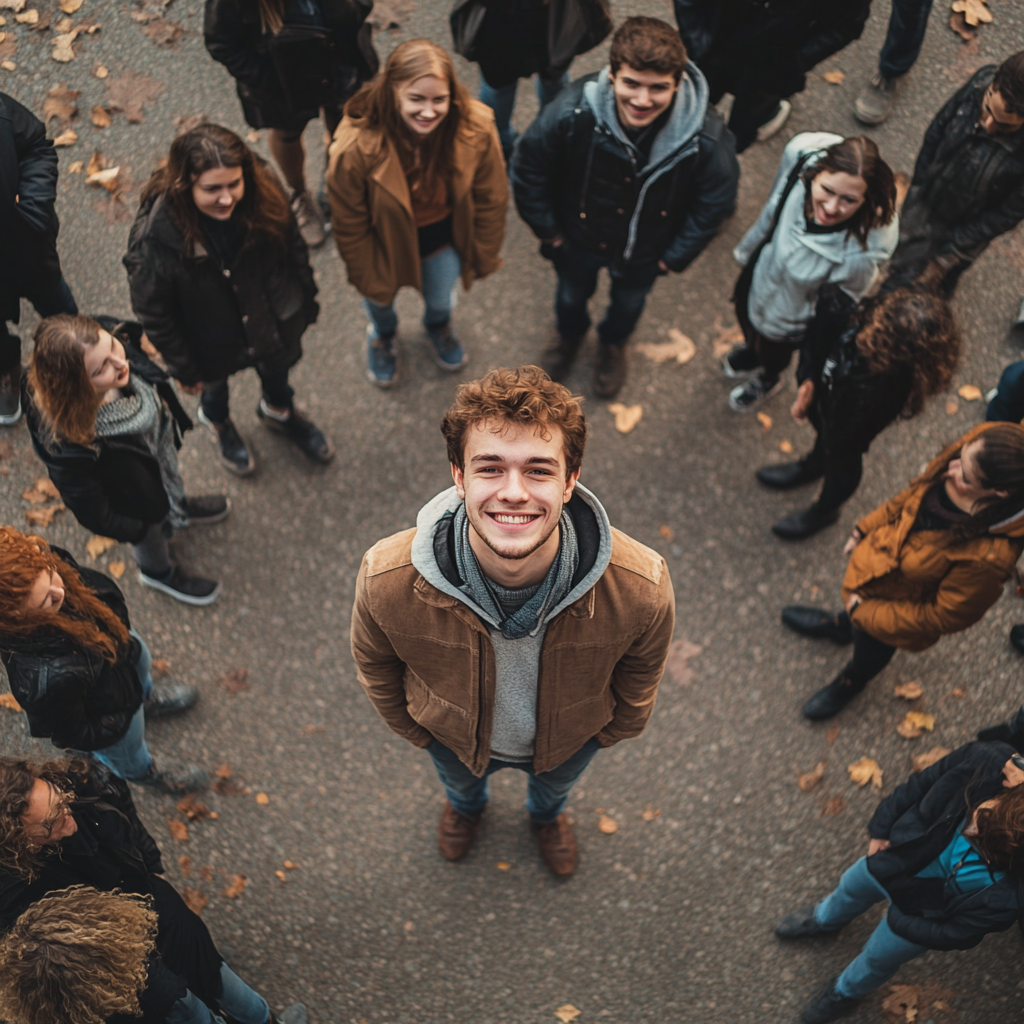 A smiling young man in the middle of a circle of people | Source: Midjourney