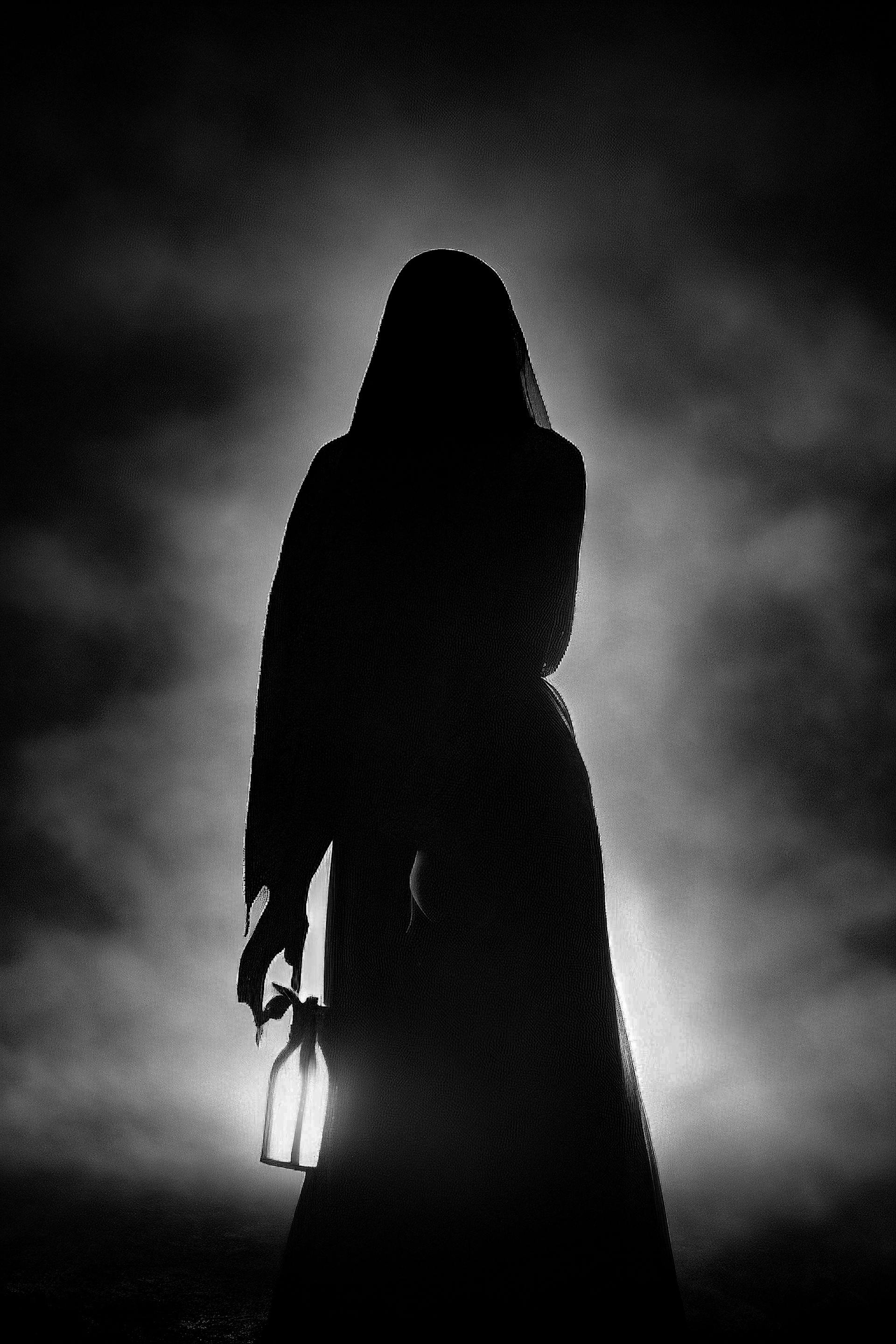 Black and white silhouette of a mysterious woman holding a lantern | Source: Pexels