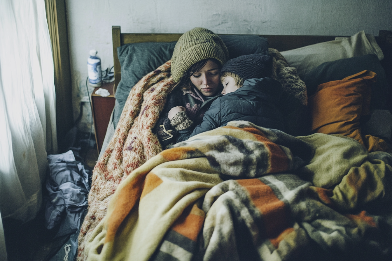 A woman and her son cuddled together in the cold | Source: Midjourney