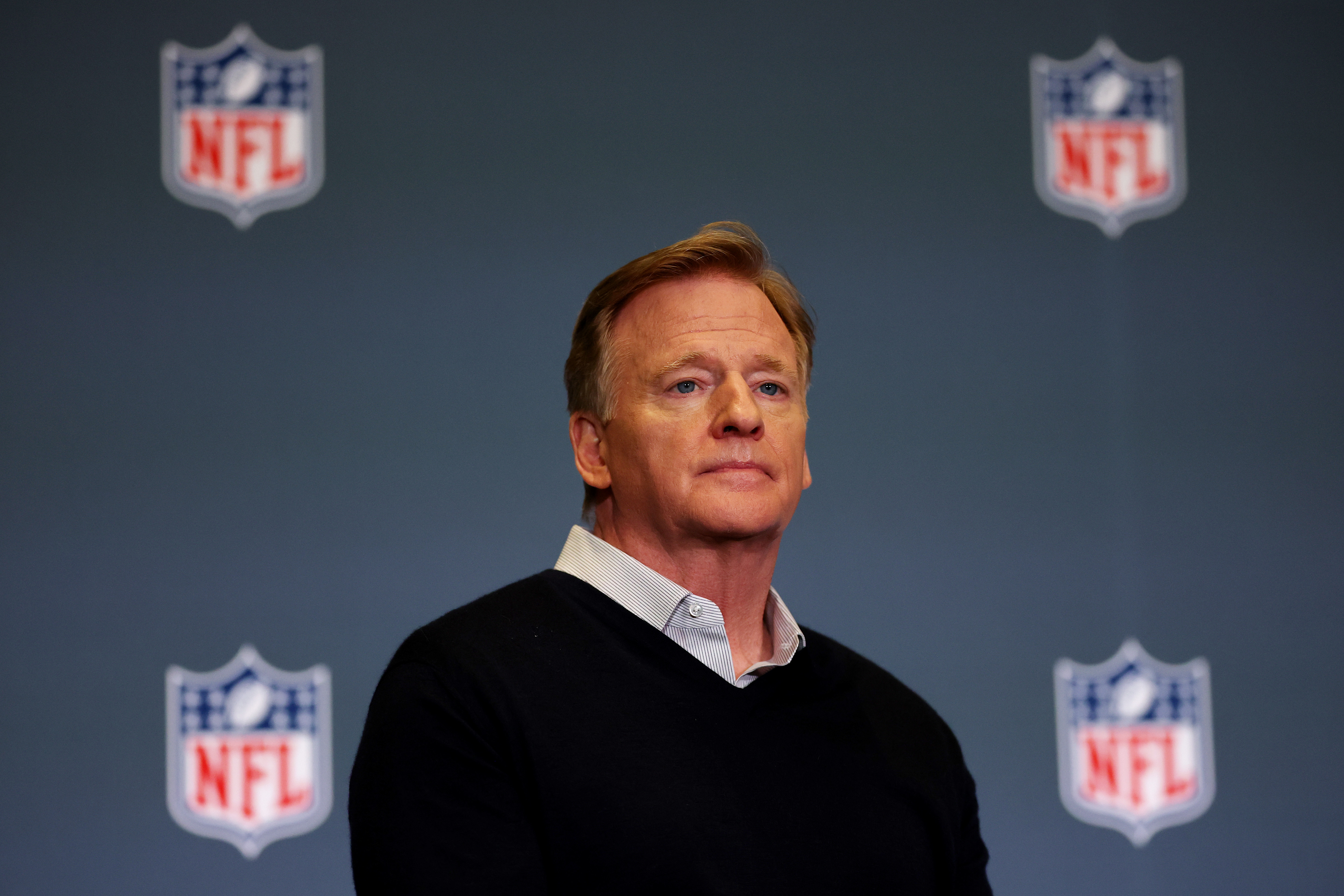 NFL commissioner Roger Goodell looks on during Super Bowl LX Opening Night at San Jose McEnery Convention Center in San Jose, California on February 2, 2026. | Source: Getty Images