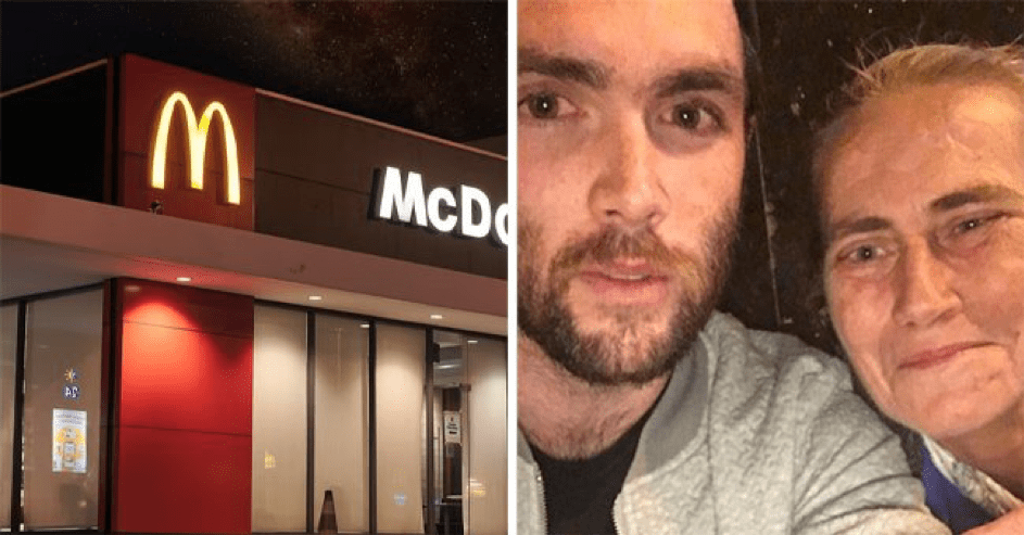 Eine Collage des McDonald's Restaurantes und Jonathan Pengelly aus Cardiff mit einer Obdachlosen. | Quelle: Twitter/Independent - Unsplash/visualbywahyu