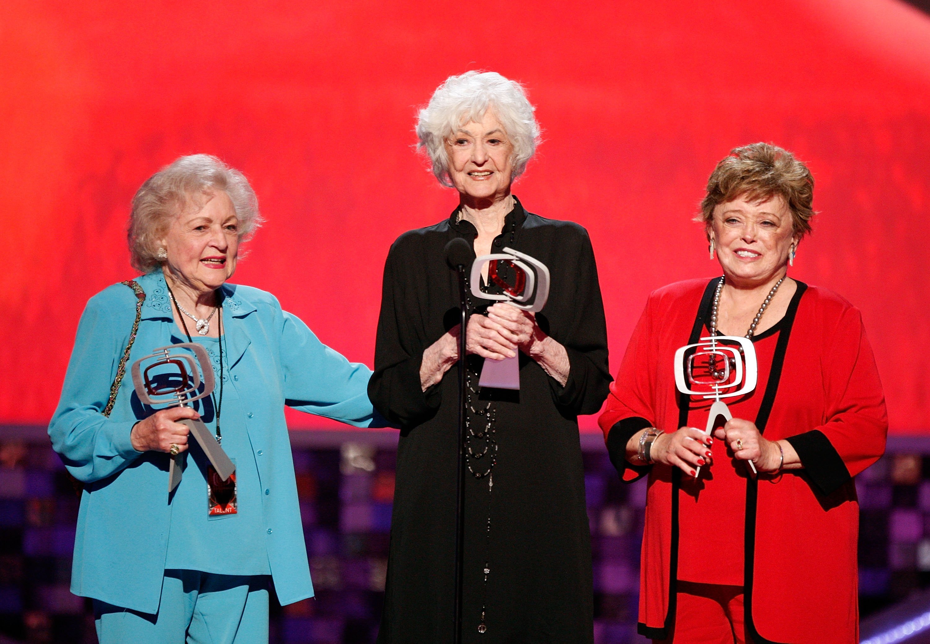 Betty White, Bea Arthur, and Rue McClanahan accept the Pop Culture Award onstage during the 6th annual "TV Land Awards" on June 8, 2008, in Santa Monica, California. | Source: Getty Images.