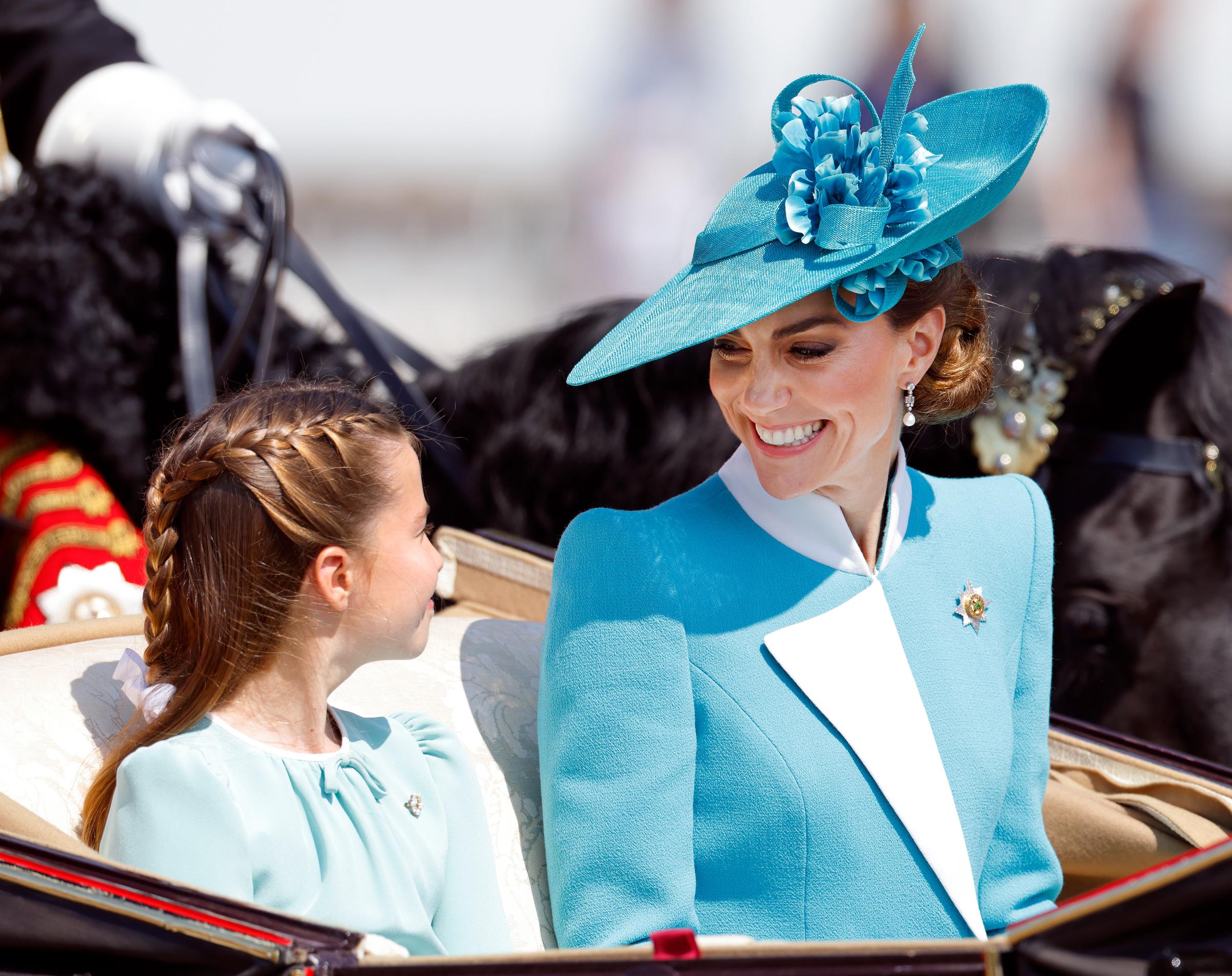 Princess Charlotte of Wales and Catherine, Princess of Wales depart Buckingham Palace in an Ascot Landau horse-drawn carriage during Trooping The Colour 2025 on June 14 in London, England. | Source: Getty Images