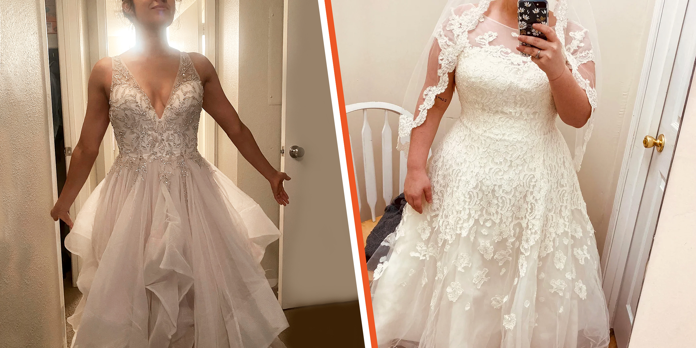 Reddit users wearing their thrift store wedding dresses in 2020 and 2021 | Source: Reddit.com/ThriftStoreHauls | Reddit.com/wedding
