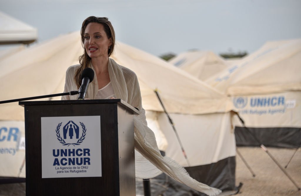 Angelina Jolie speaks during a press conference after visiting a refugee camp in the border between Colombia and Venezuela on June 8, 2019 in Maicao, Colombia. | Getty Images
