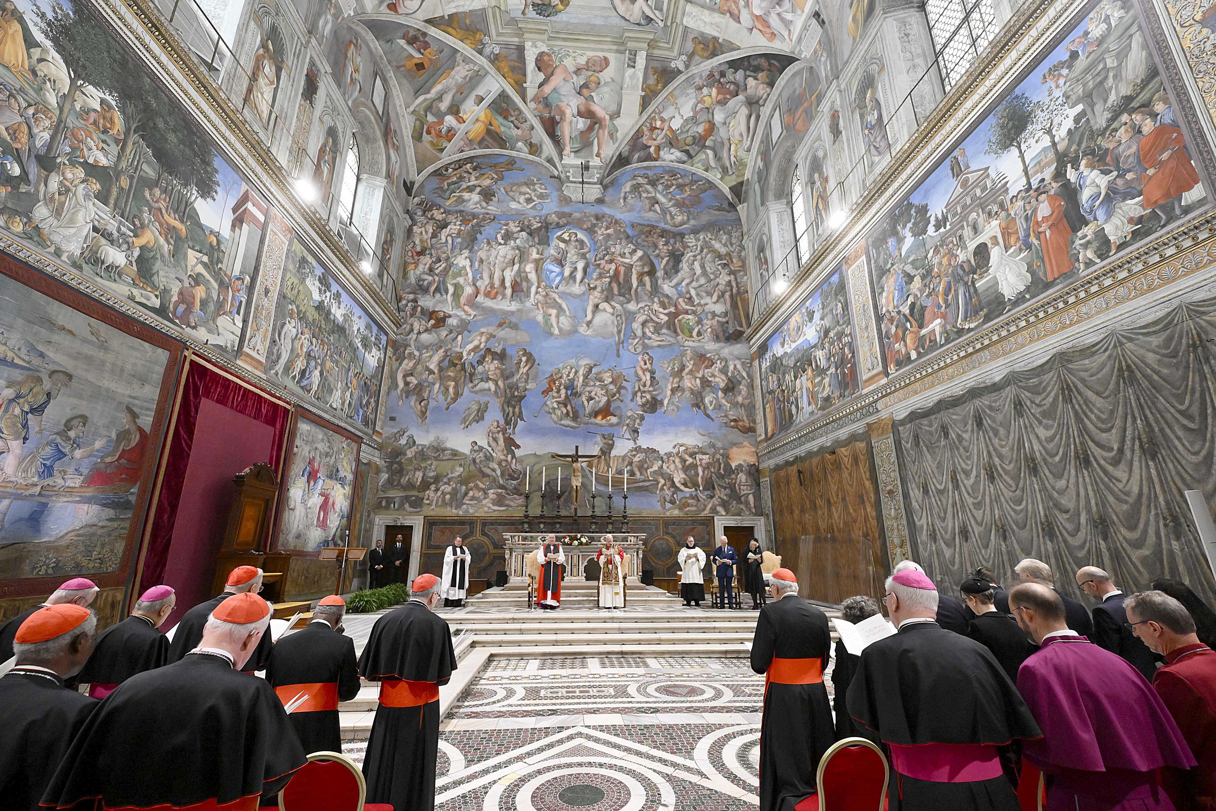 Pope Leo XIV, King Charles III, and Queen Camilla attend a Prayer Service at the Sistine Chapel at the Apostolic Palace on October 23, 2025 in Vatican City | Source: Getty Images