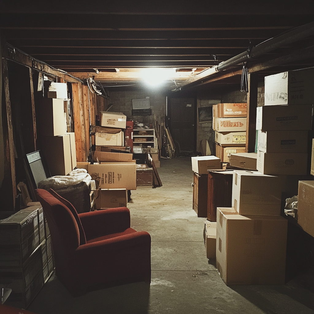 A basement with furniture and boxes | Source: Midjourney