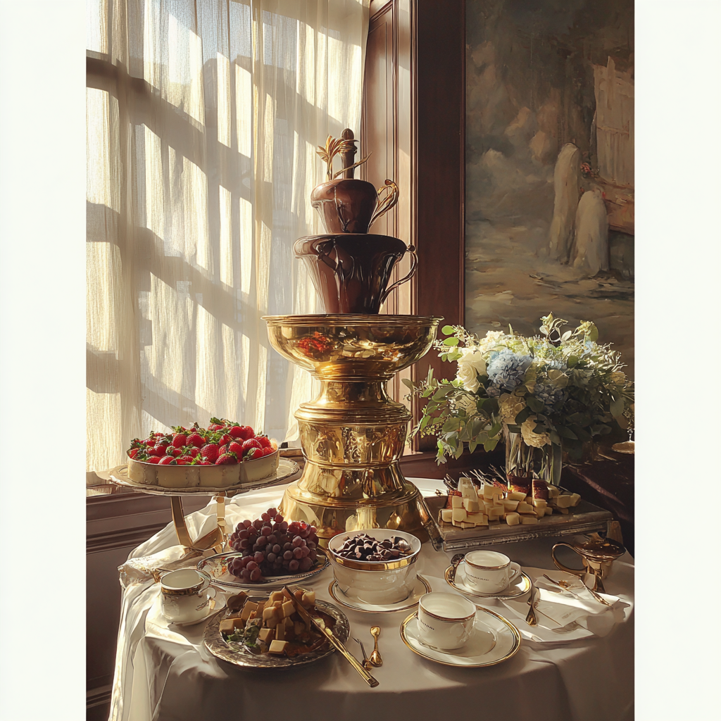 A chocolate fountain at a wedding | Source: Midjourney