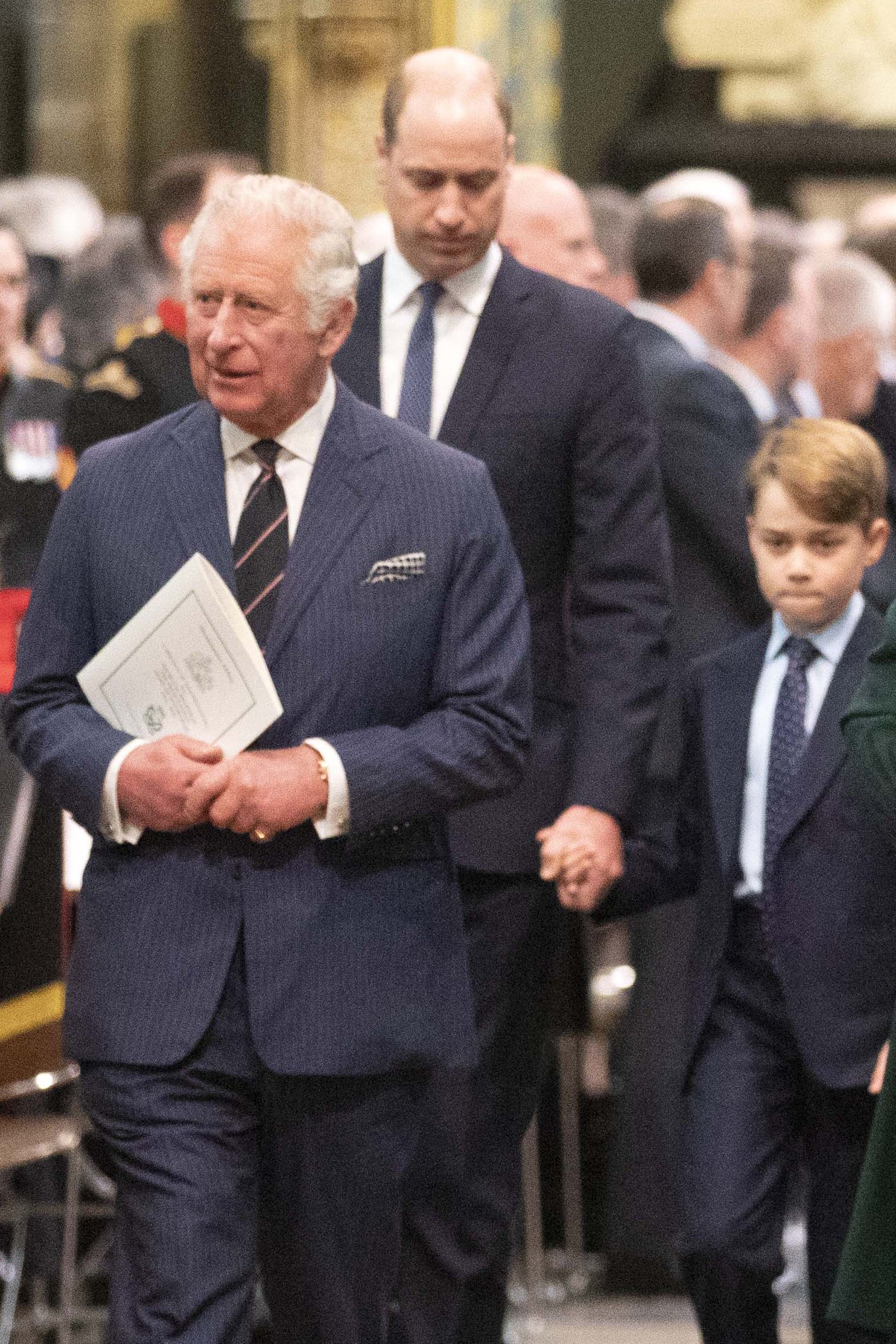 Prince Charles, Prince William, and Prince George attend a Service of Thanksgiving for Prince Philip at Westminster Abbey in central London on March 29, 2022. | Source: Getty Images