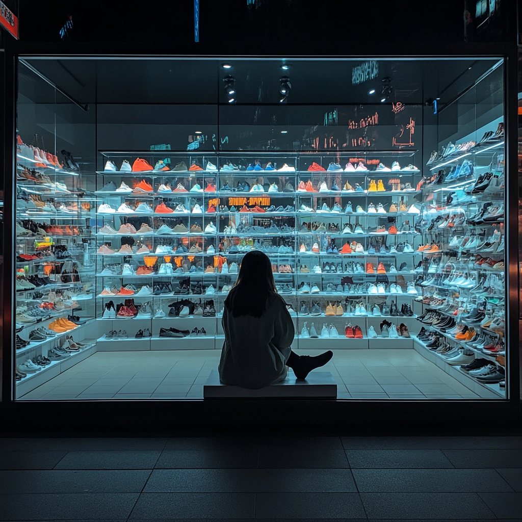 Woman outside a shoe store | Source: Midjourney