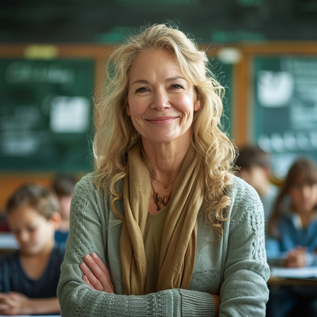 A happy female teacher | Source: Midjourney