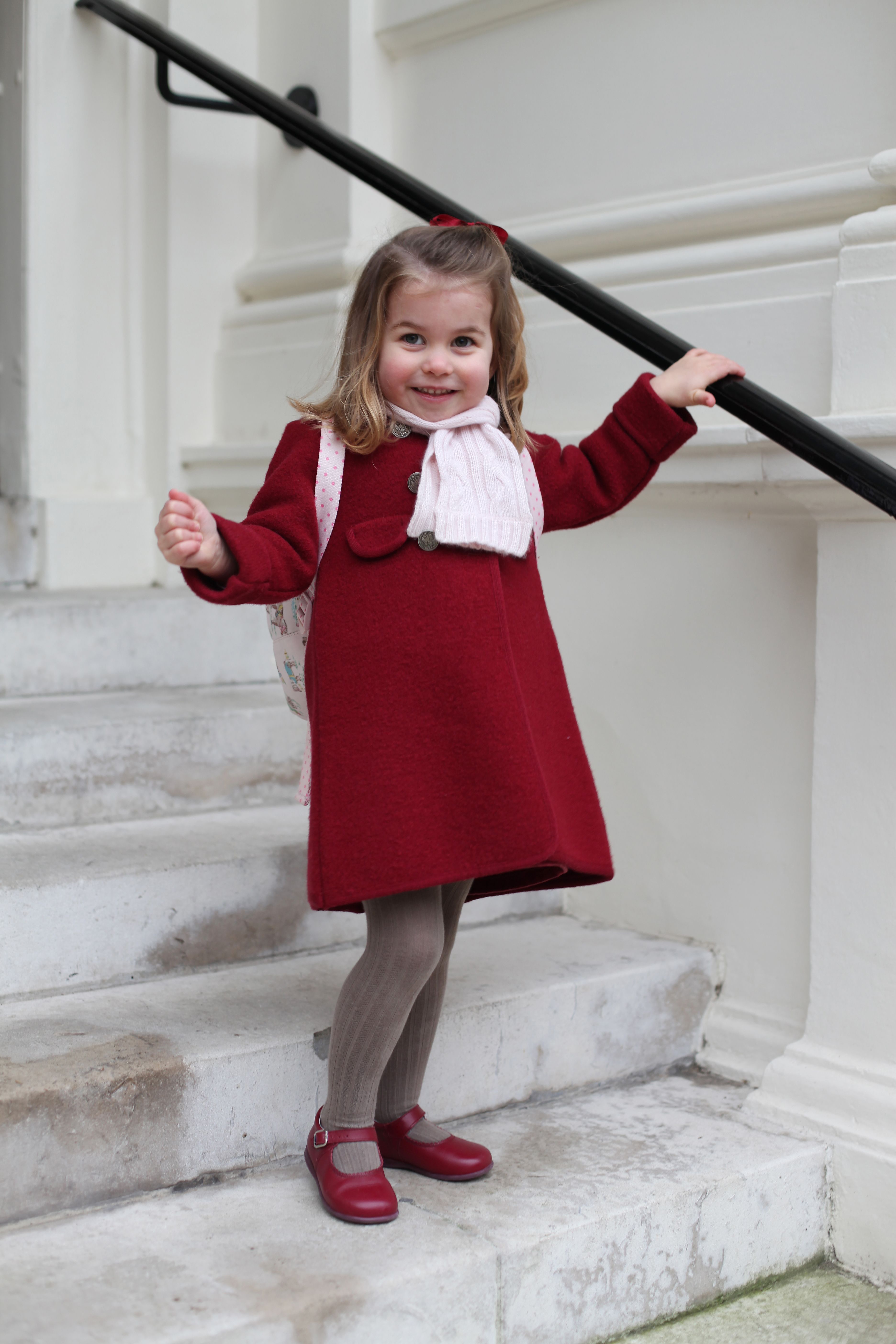 Princess Charlotte  at Kensington Palace before her first day of nursery at the Willcocks Nursery School on January 08, 2018 in London, United Kingdom. | Source: Getty Images