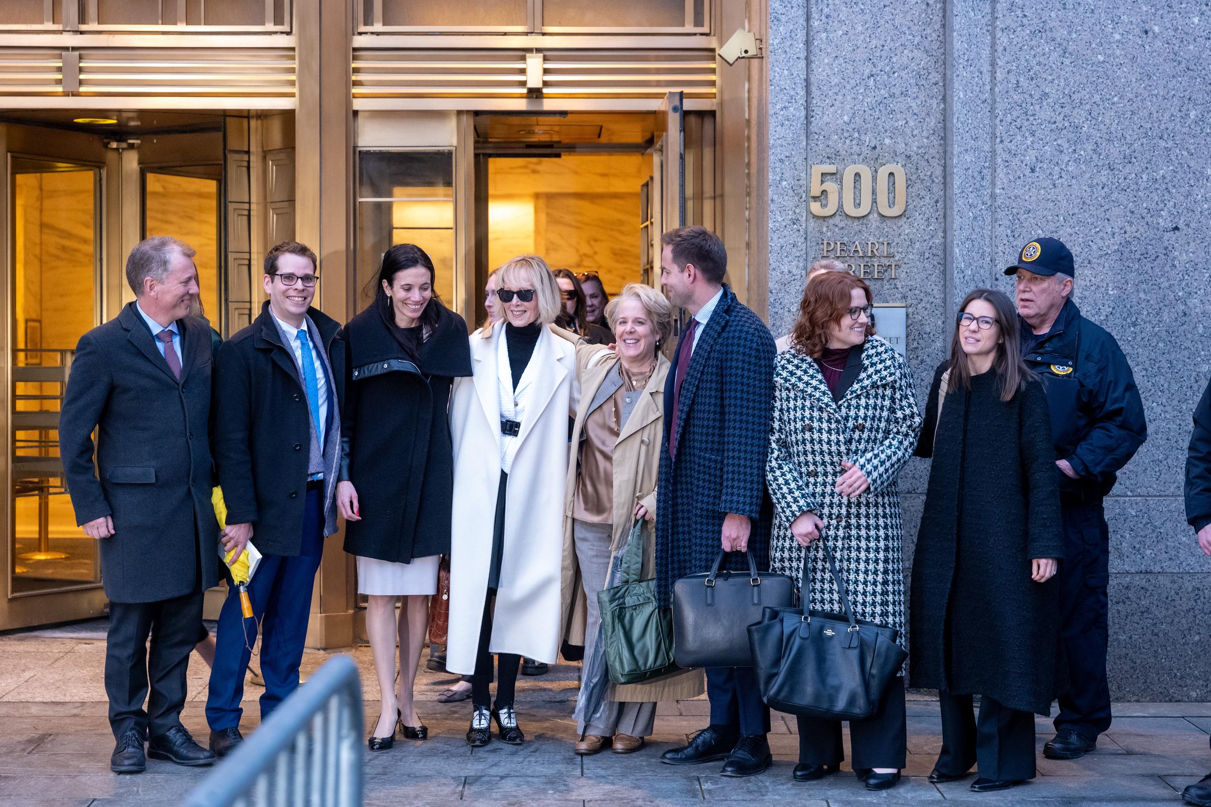 E. Jean Carroll leaves Manhattan federal court alongside members of her legal team, including attorney Roberta Kaplan (right), after years of litigation that culminated in a multimillion-dollar damages payment and a pointed public message that drew fresh attention. | Source: Getty Images