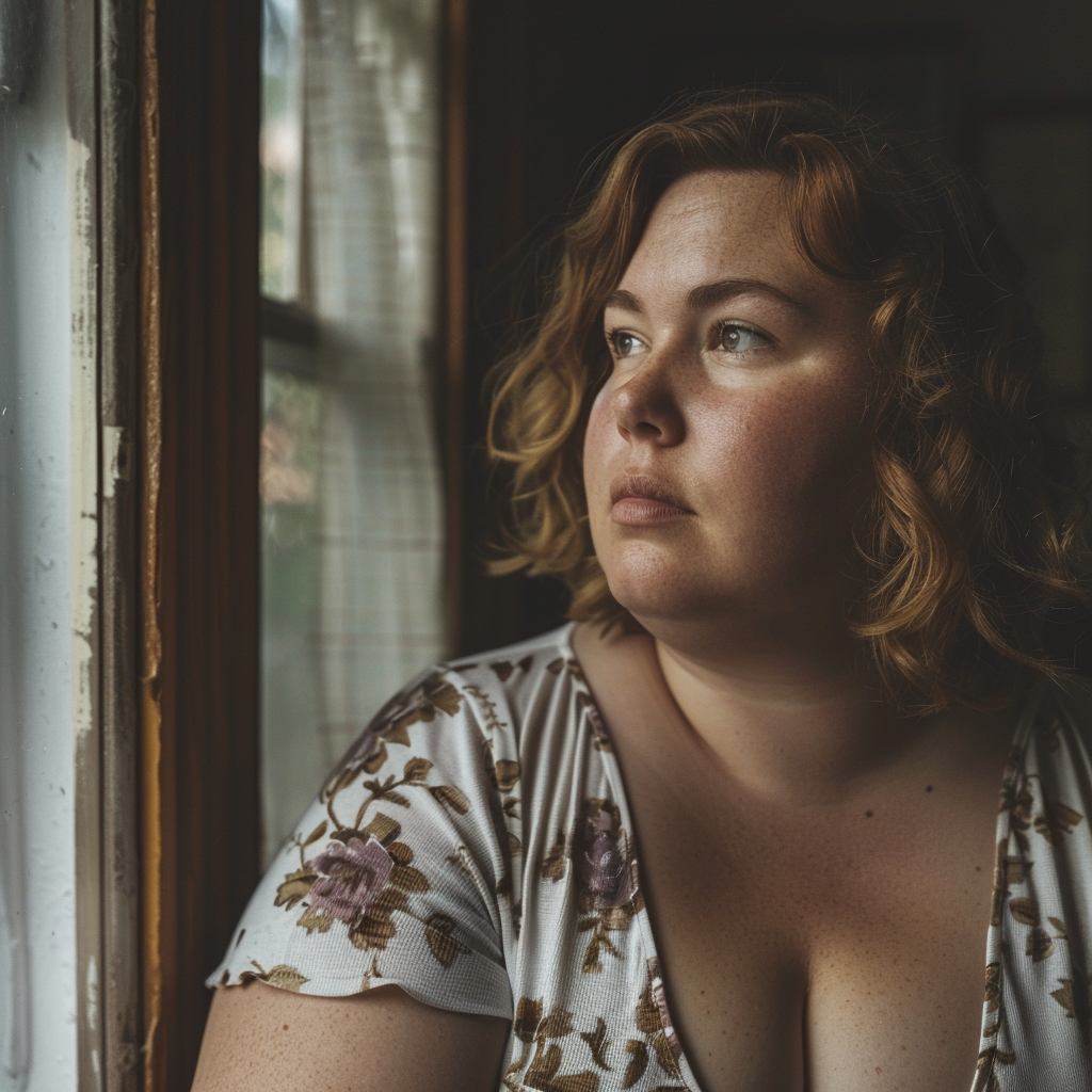 A plus-size woman looking out the window | Source: Midjourney