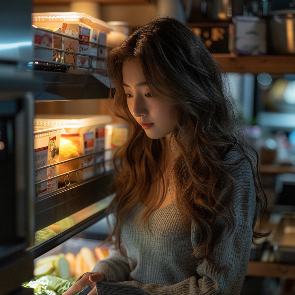 Asian woman looks into cupboard | Midjourney