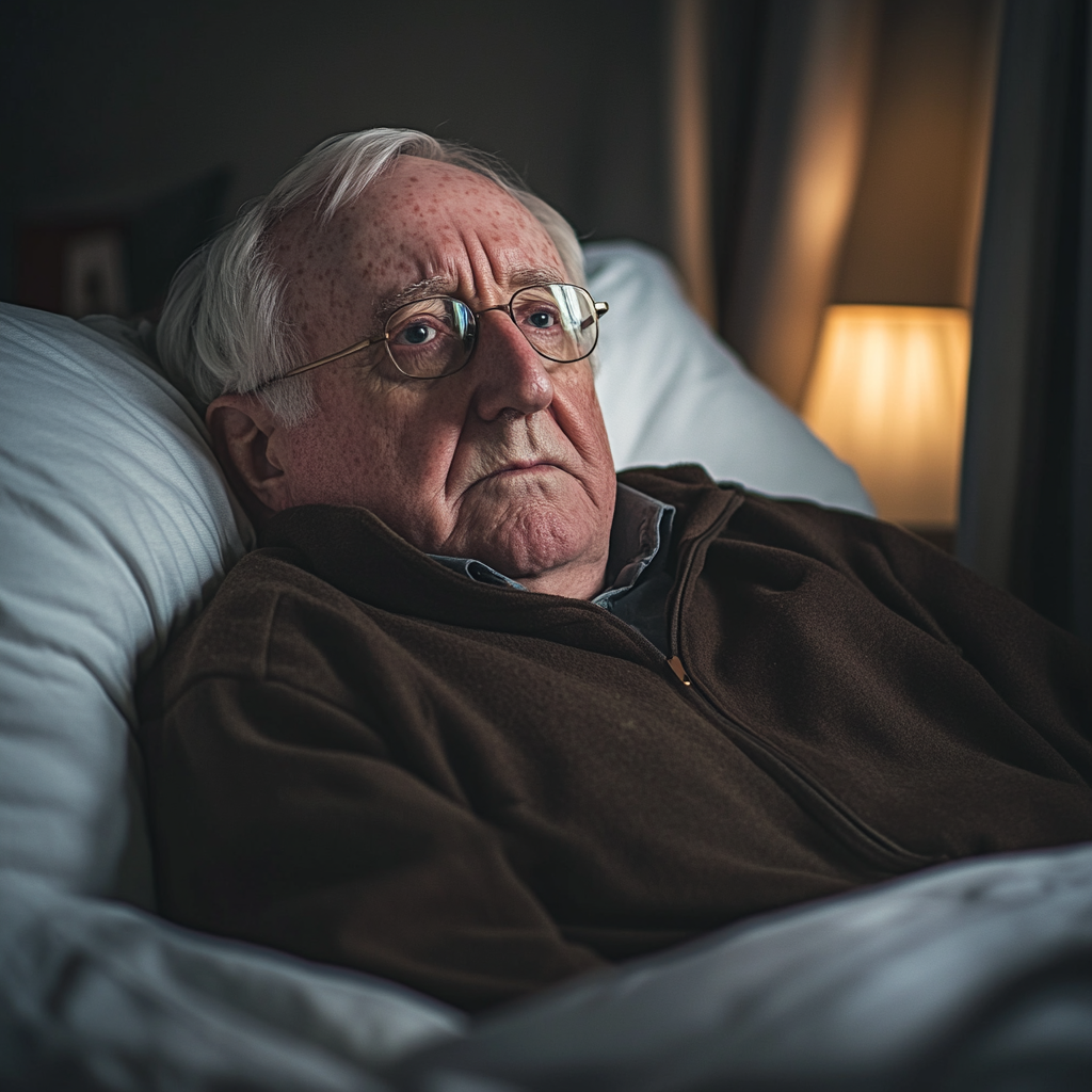 An ailing elderly man looks thoughtful and sad while lying in bed | Source: Midjourney