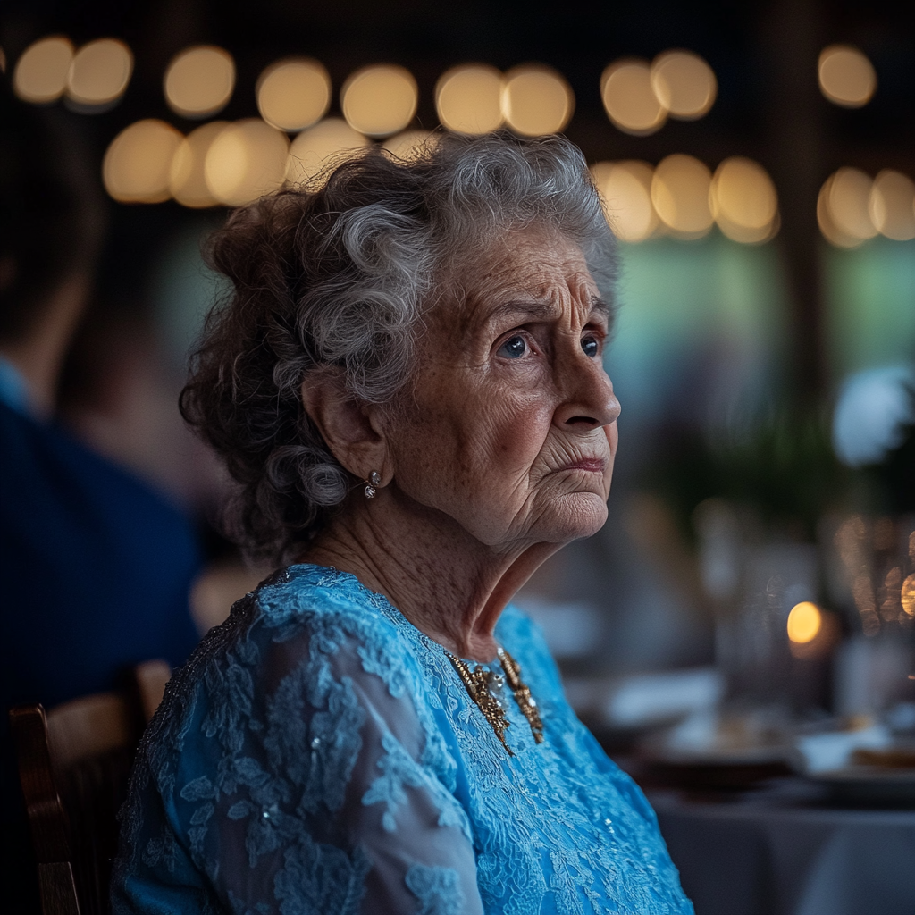 Confused elderly lady at a wedding reception | Source: Midjourney