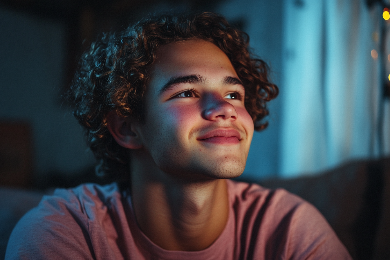 A boy smiling in his bedroom | Source: Midjourney