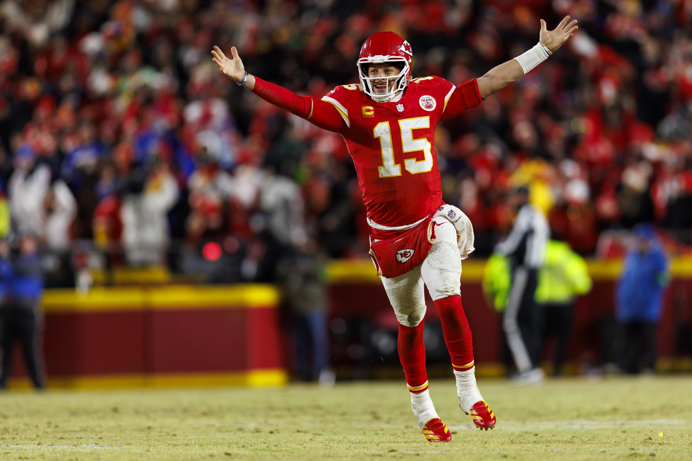 Patrick Mahomes of the Kansas City Chiefs celebrates after defeating the Buffalo Bills during the second half of the AFC Championship football game, at GEHA Field at Arrowhead Stadium in Kansas City, Missouri, on January 26, 2025 | Source: Getty Images