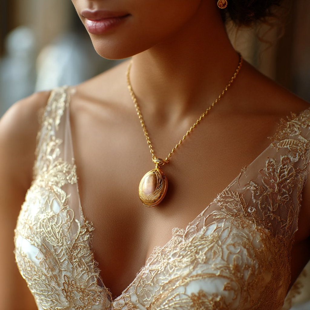 Close-up shot of a bride wearing a gold locket | Source: Midjourney