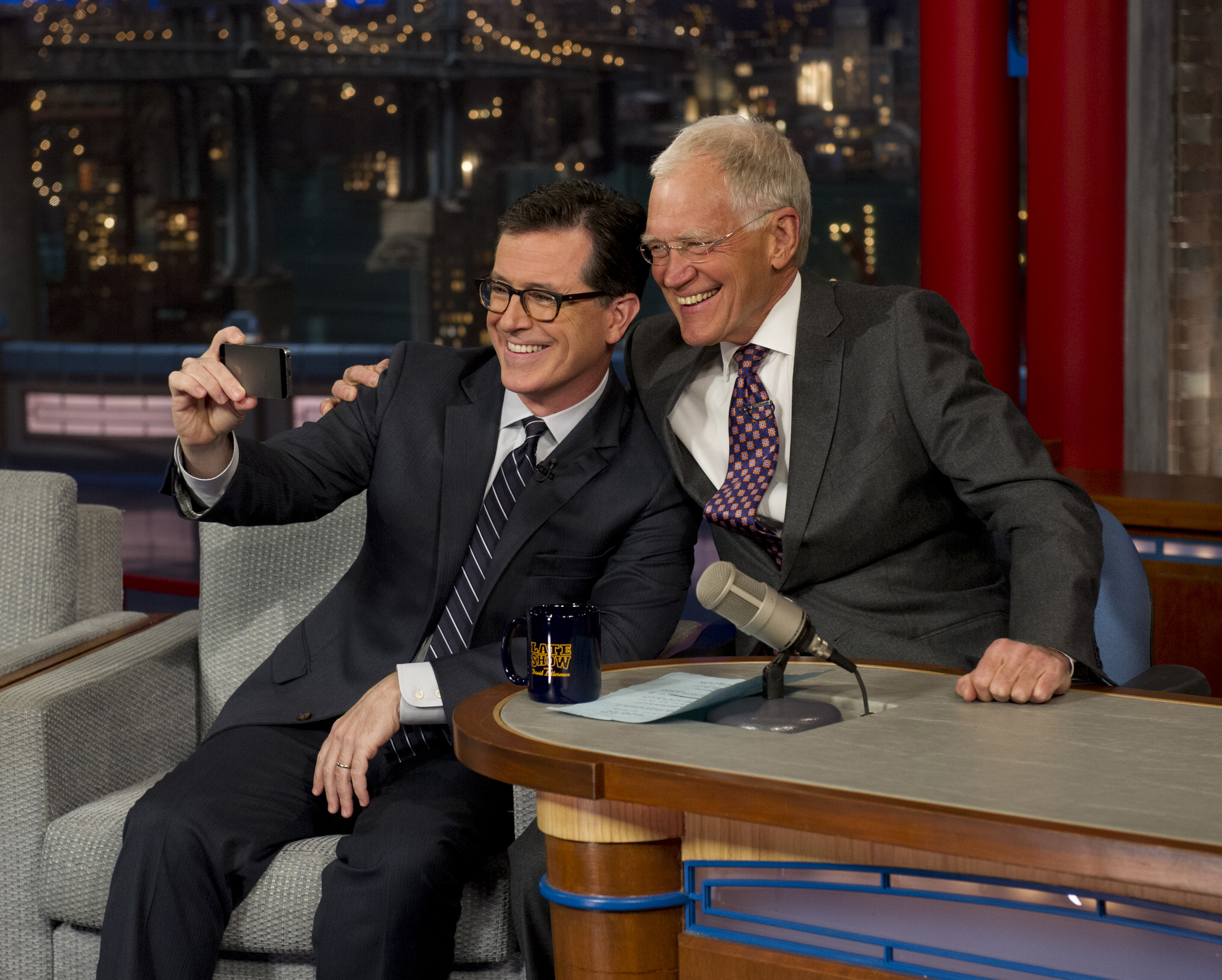 Stephen Colbert and David Letterman on the "Late Show with David Letterman" on April 22, 2014 | Source: Getty Images