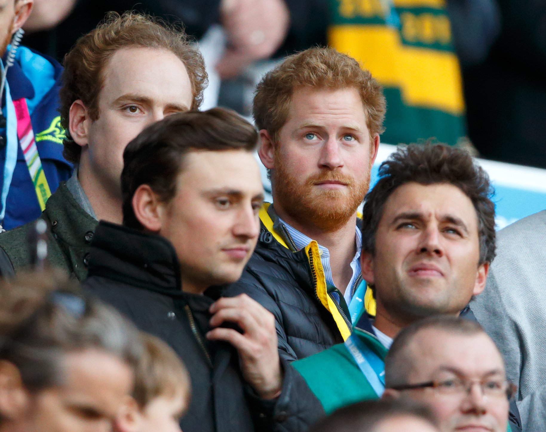 Tom Inskip, Charlie van Straubenzee, Prince Harry and Thomas van Straubenzee attending the 2015 Rugby World Cup Semi Final match between Argentina and Australia at Twickenham Stadium on October 25, 2015 in London, England. | Source: Getty Images