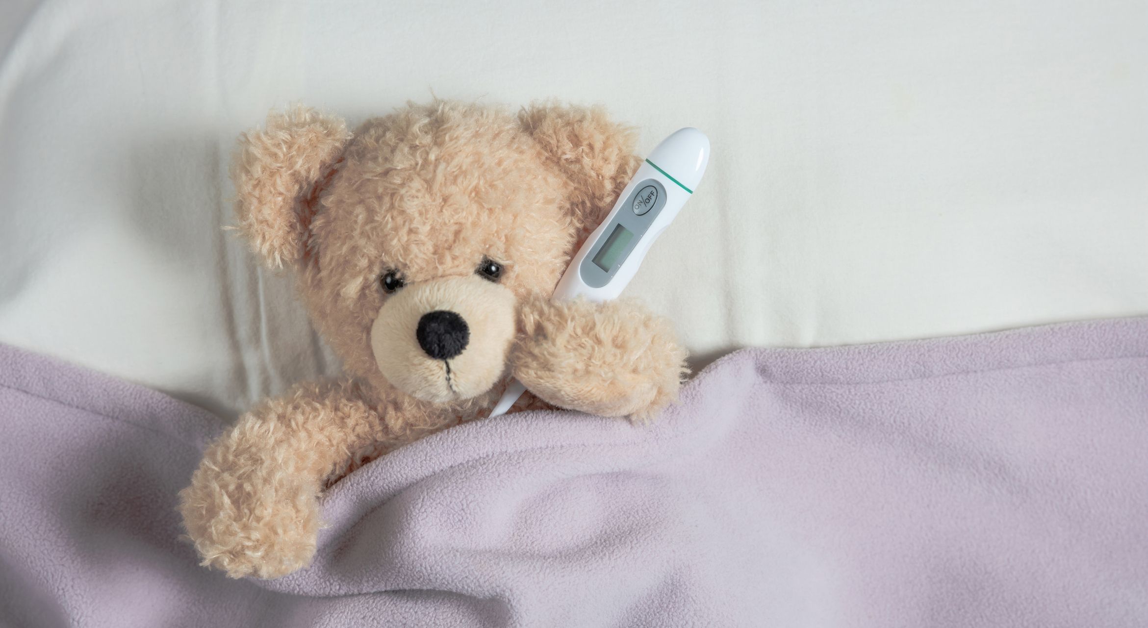 A teddybear holding a thermometer in bed. | Source: Shutterstock
