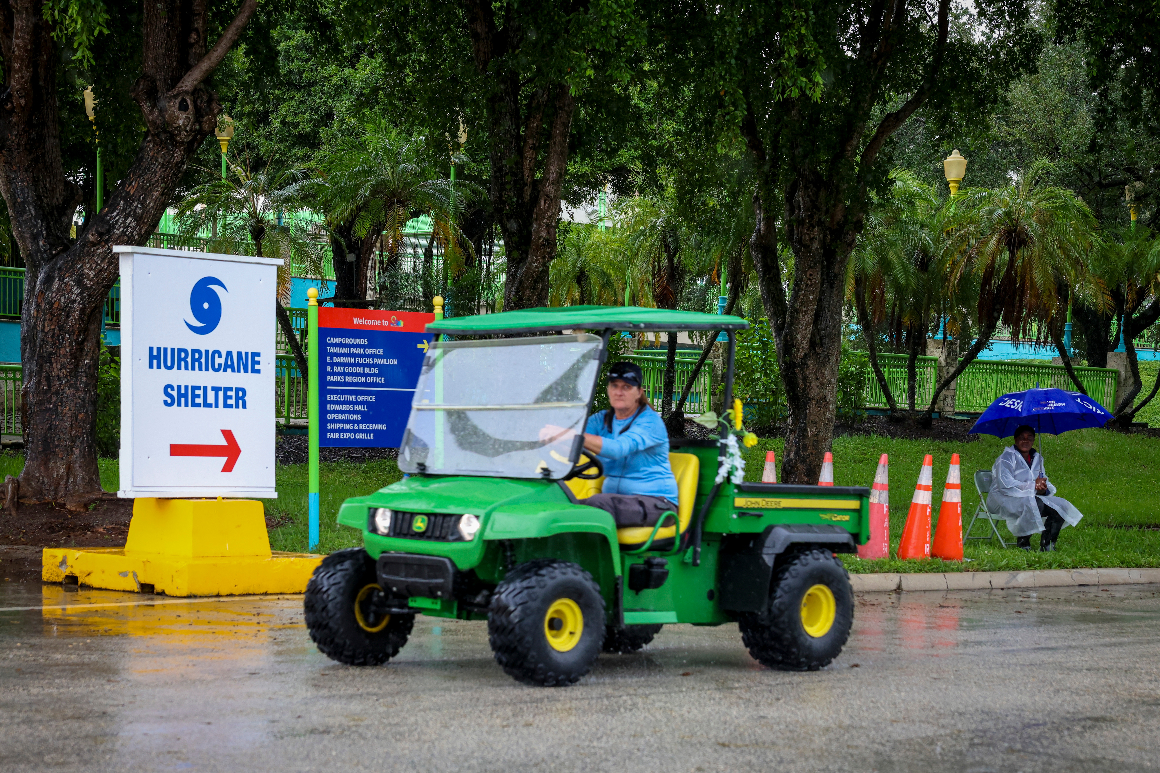 A worker outside a shelter at E. Darwin Fuchs Pavilion in Miami, Florida, on October 8, 2024 | Source: Getty Images