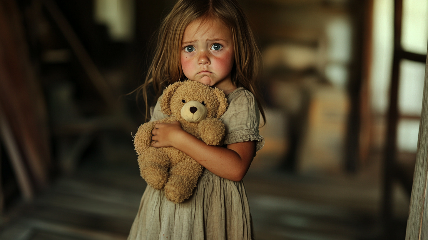 Frightened little girl clutching her teddy bear | Source: Midjourney