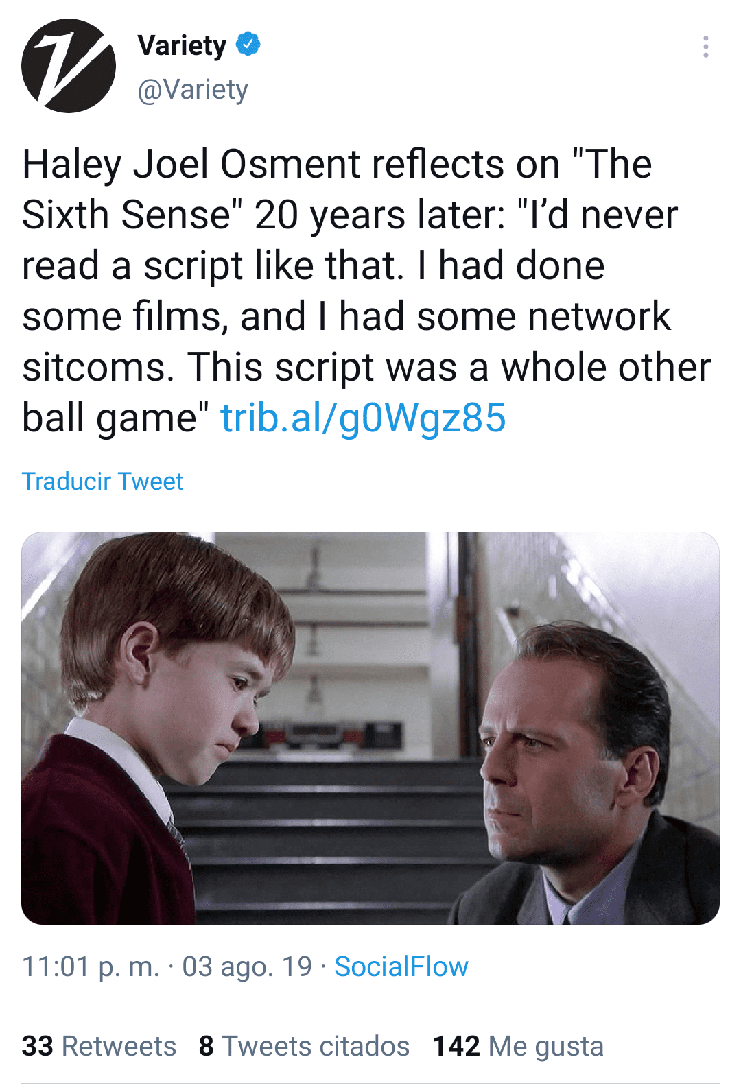 Haley Joel Osment and Bruce Willis on "The Sixth Sense" | Photo: Twitter/Variety