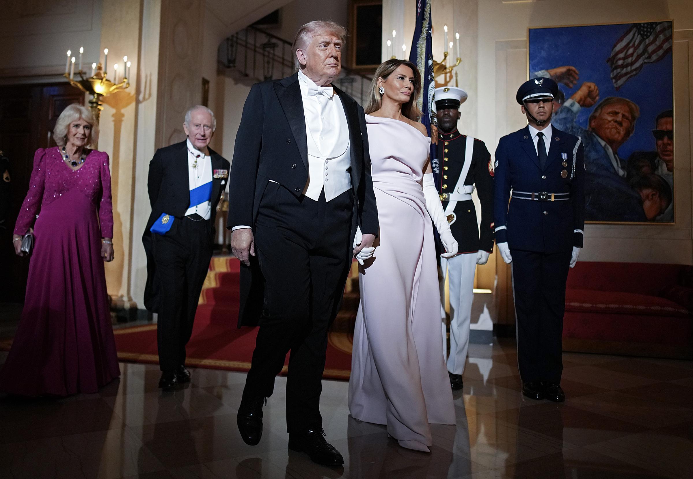 Donald and Melania Trump arrive with King Charles and Queen Camilla for a state dinner at the White House on April 28, 2026 | Source: Getty Images