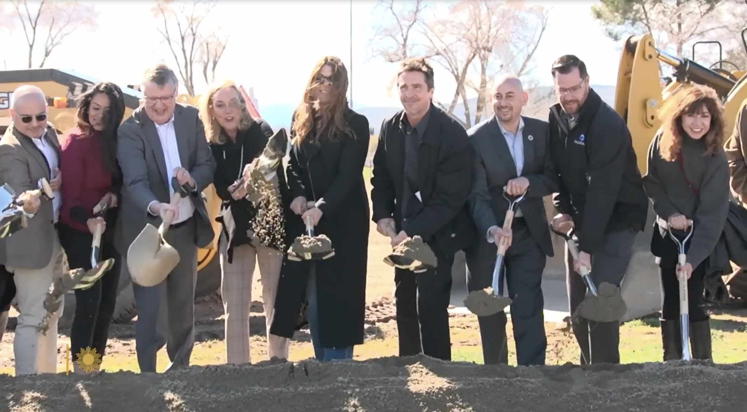 Sibi Blazic, Christian Bale, and City Council members at Together California's Foster Care Center Ground Breaking event from a post dated May 18, 2025. | Source: YouTube/CBS Sunday Morning