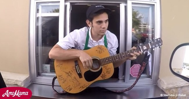 Footage shows Starbucks drive thru employee playing guitar for customers