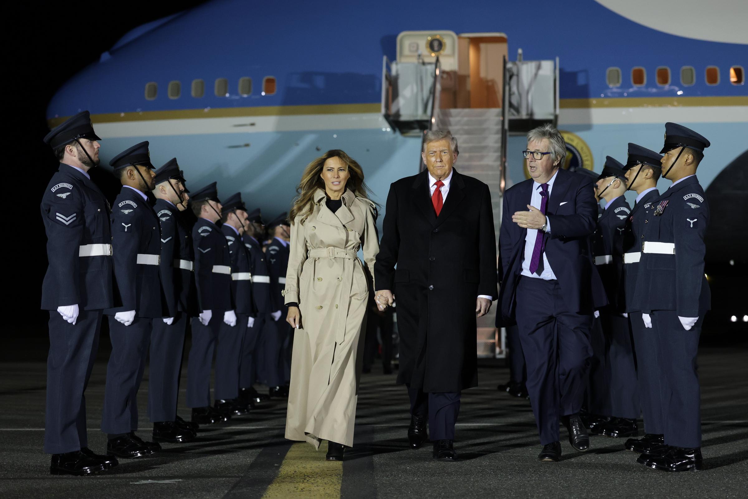 Donald Trump and Melania Trump disembark Air Force One after arriving at London Stansted Airport for a state visit on September 16, 2025 in Stansted, Essex | Source: Getty Images