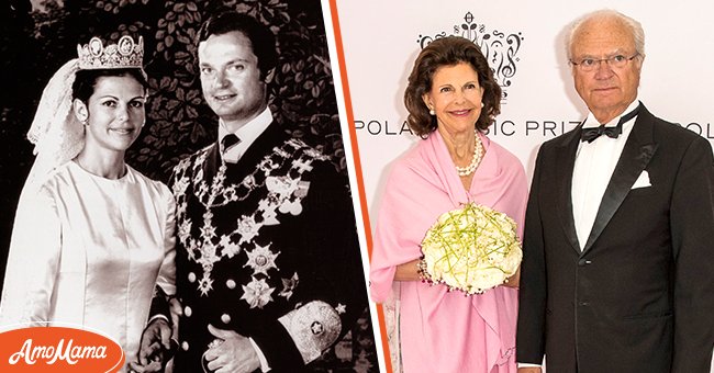 King Carl XVI Gustaf and Queen Silvia of Sweden on their wedding day in 1976 [Left] The King and Queen at the 2019 Polar Music Prize Award ceremony on June 11 2019 in Stockholm Sweden. [Right] | Source: Getty Images