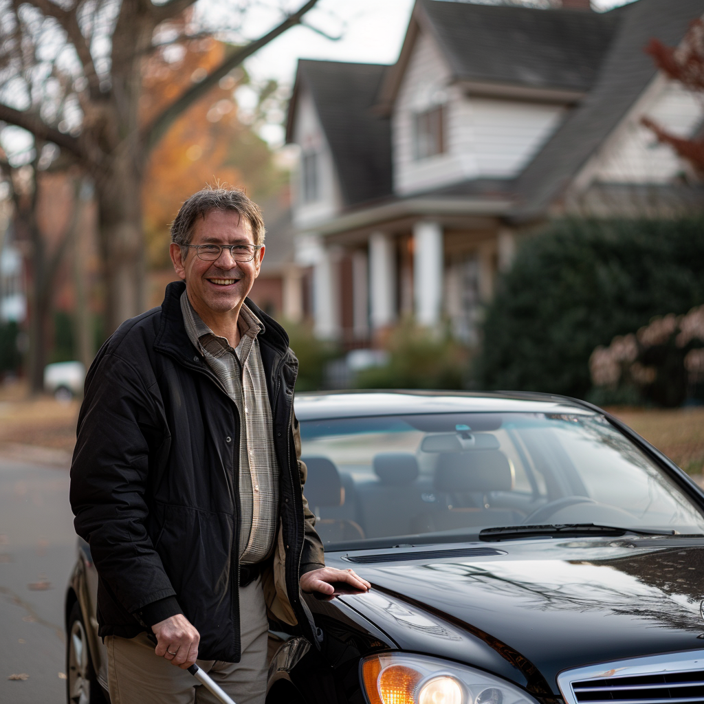 A happy man with a cane standing next to his car in a neighborhood | Source: Midjourney