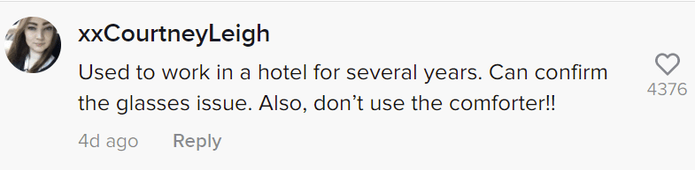 A user's comment on a video of a former hotel employee who revealed unethical practices at hotels. | Photo: tiktok.com/angelariihiluoma