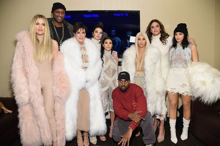 Khloe Kardashian, Lamar Odom, Kris Jenner, Kendall Jenner, Kourtney Kardashian, Kanye West, Kim Kardashian, Caitlin Jenner and Kylie Jenner attend Kanye West Yeezy Season 3 on February 11, 2016, in New York City. | Source: Getty Images.