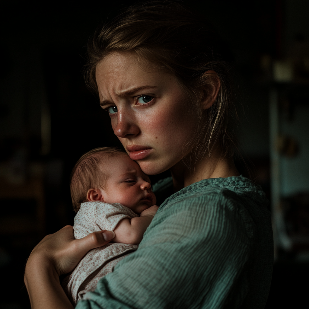 An angry and hurt young woman holding a baby | Source: Midjourney