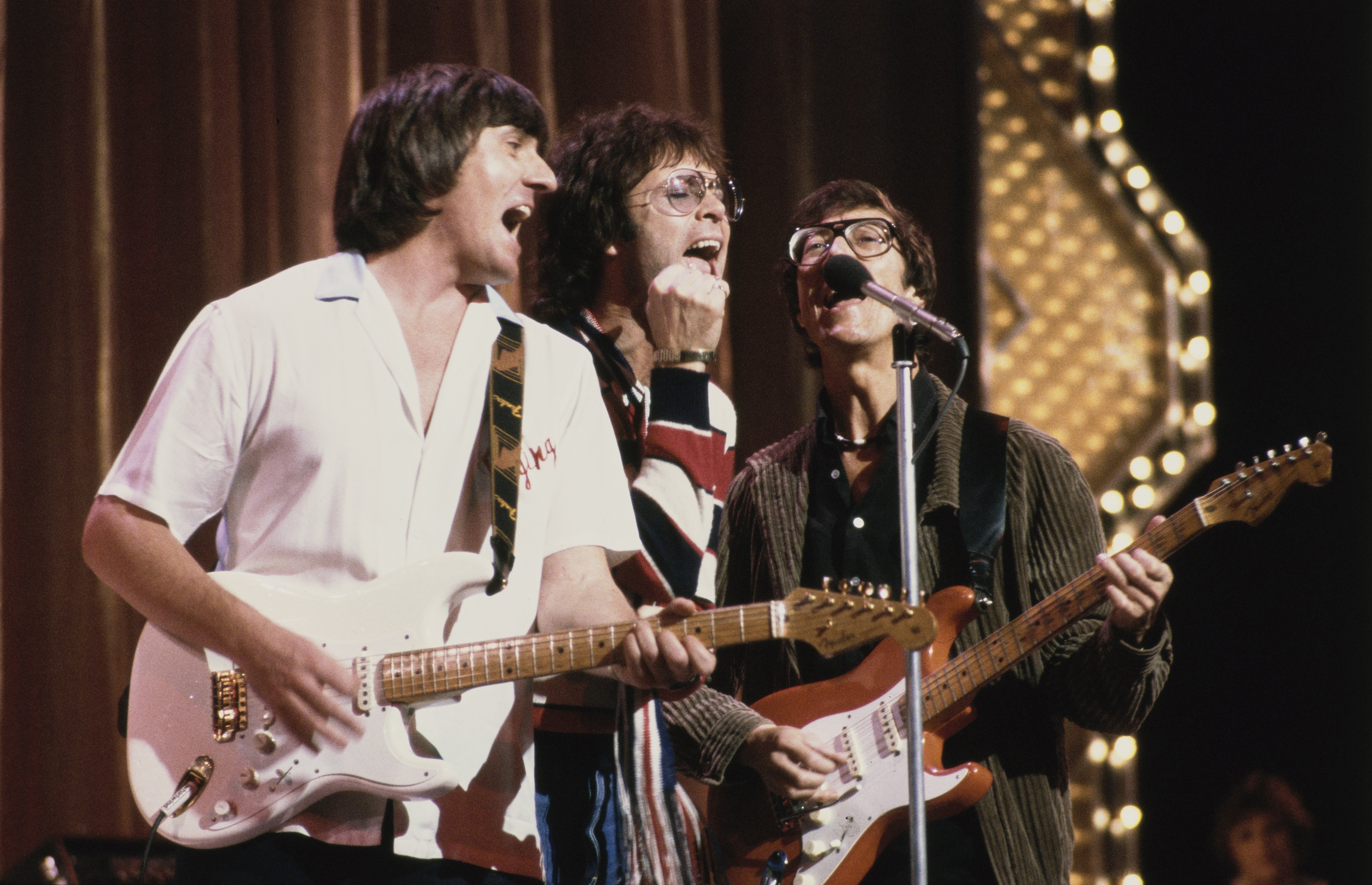  Cliff Richard performs Bruce Welch (left) and Hank Marvin (right) of the Shadows rehearsing at the Theatre Royal London, 