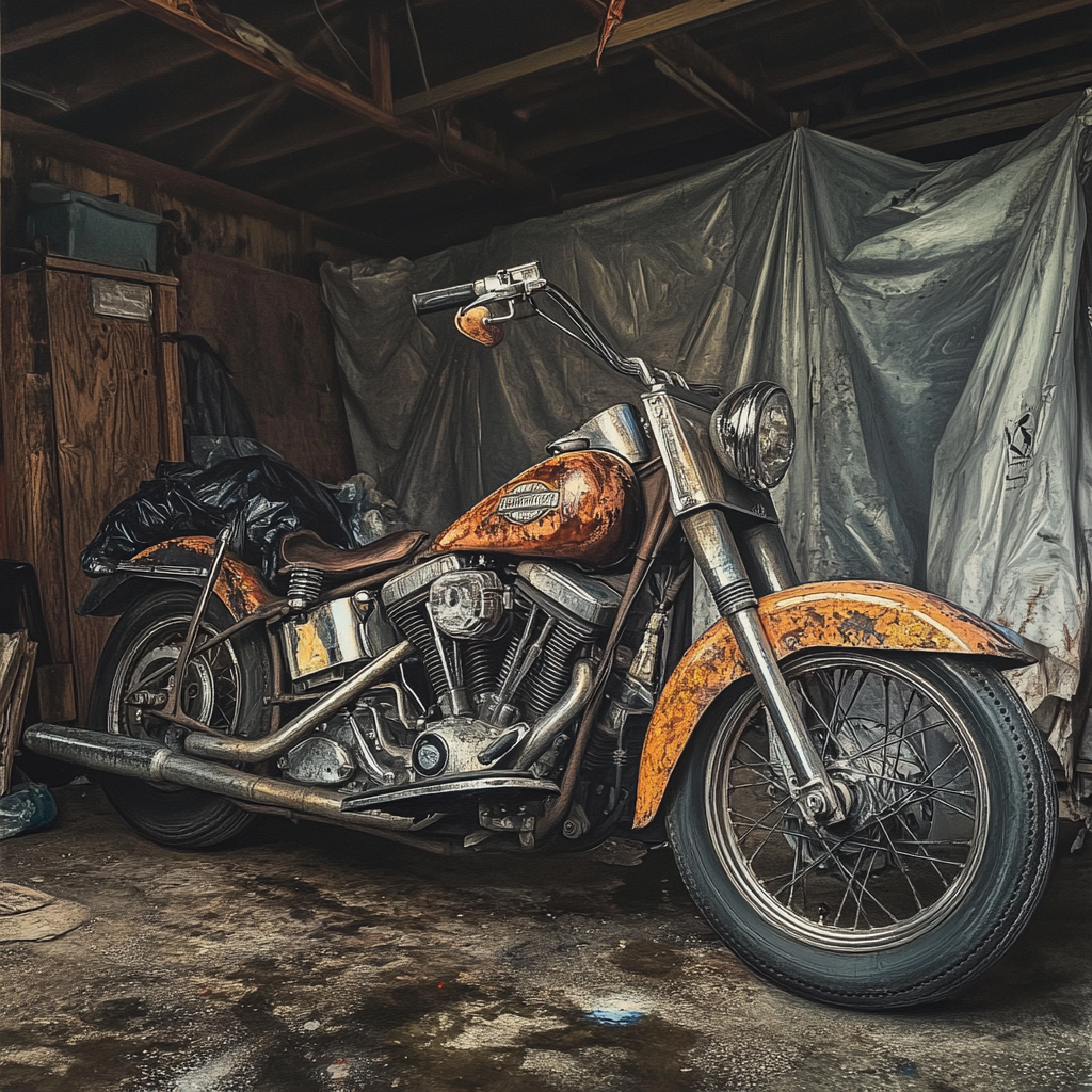 An old Harley motorcycle in a garage | Source: Midjourney