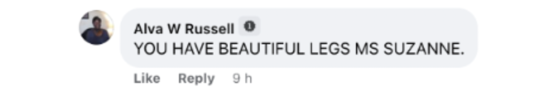 A comment about Suzanne Somers' legs on a Facebook Live video she posted in April 2023 | Source: facebook.com/watch/suzannesomers/