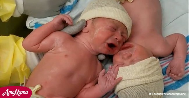 Video shows newborn twins stop crying when they touch each other