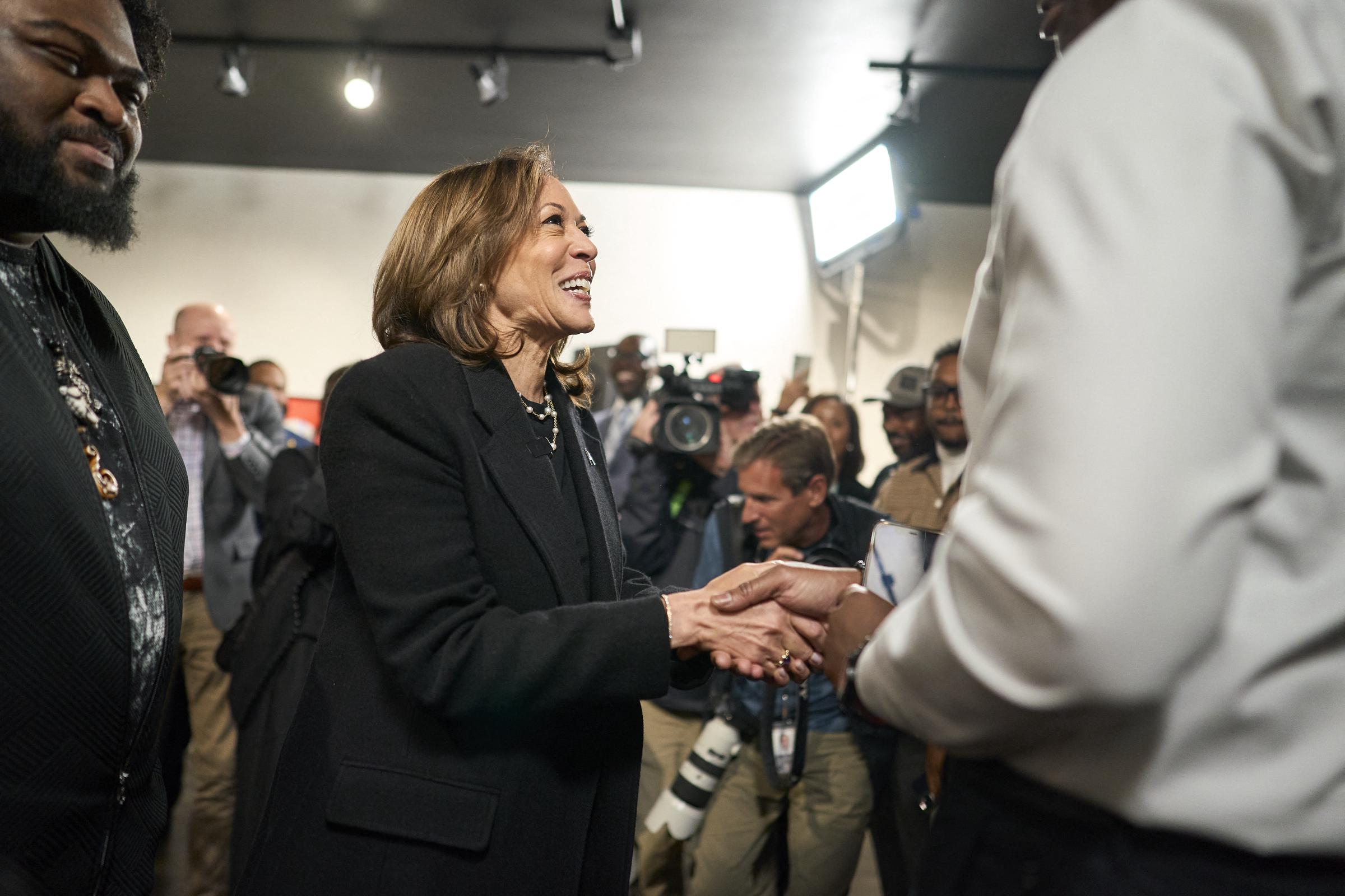 Kamala Harris greets supporters at Norwest Art Gallery, a local Black-owned small business, in Detroit, Michigan, during a campaign stop on October 15, 2024 | Source: Getty Images