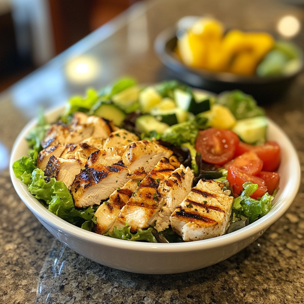 A salad with grilled chicken | Source: Midjourney