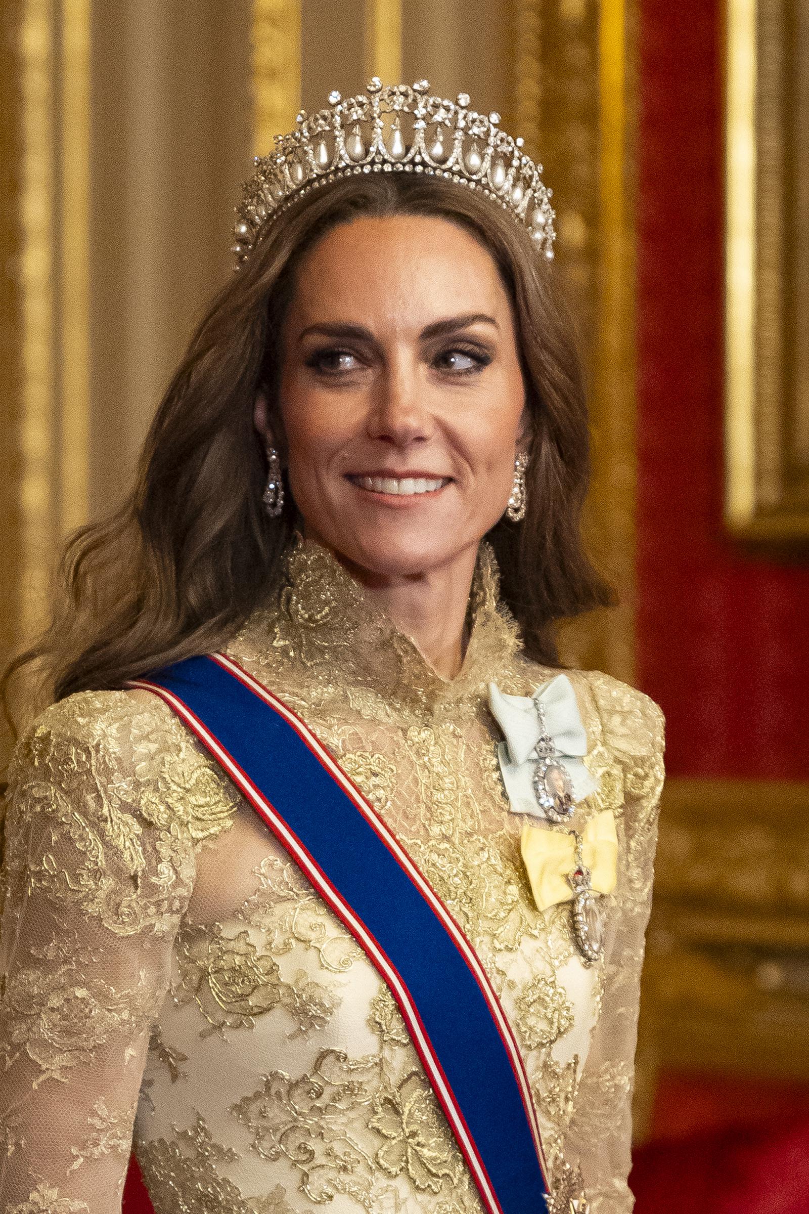 A close-up of Princess Catherine's tiara, once worn and lent to Princess Diana. | Source: Getty Images