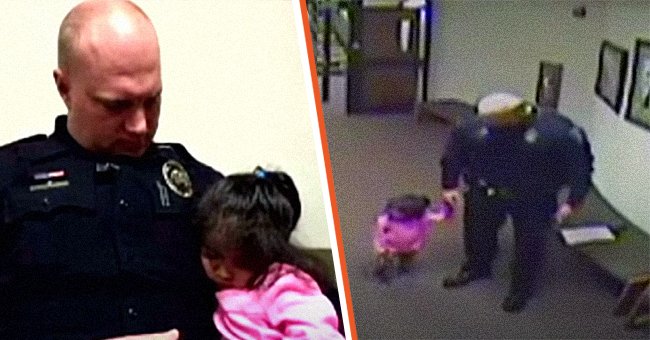 [Left] Little girl falls asleep on a cop's lap; [Right] Officer Kevin Norris keeps a little girl occupied. | Source: youtube.com/Inside Edition 