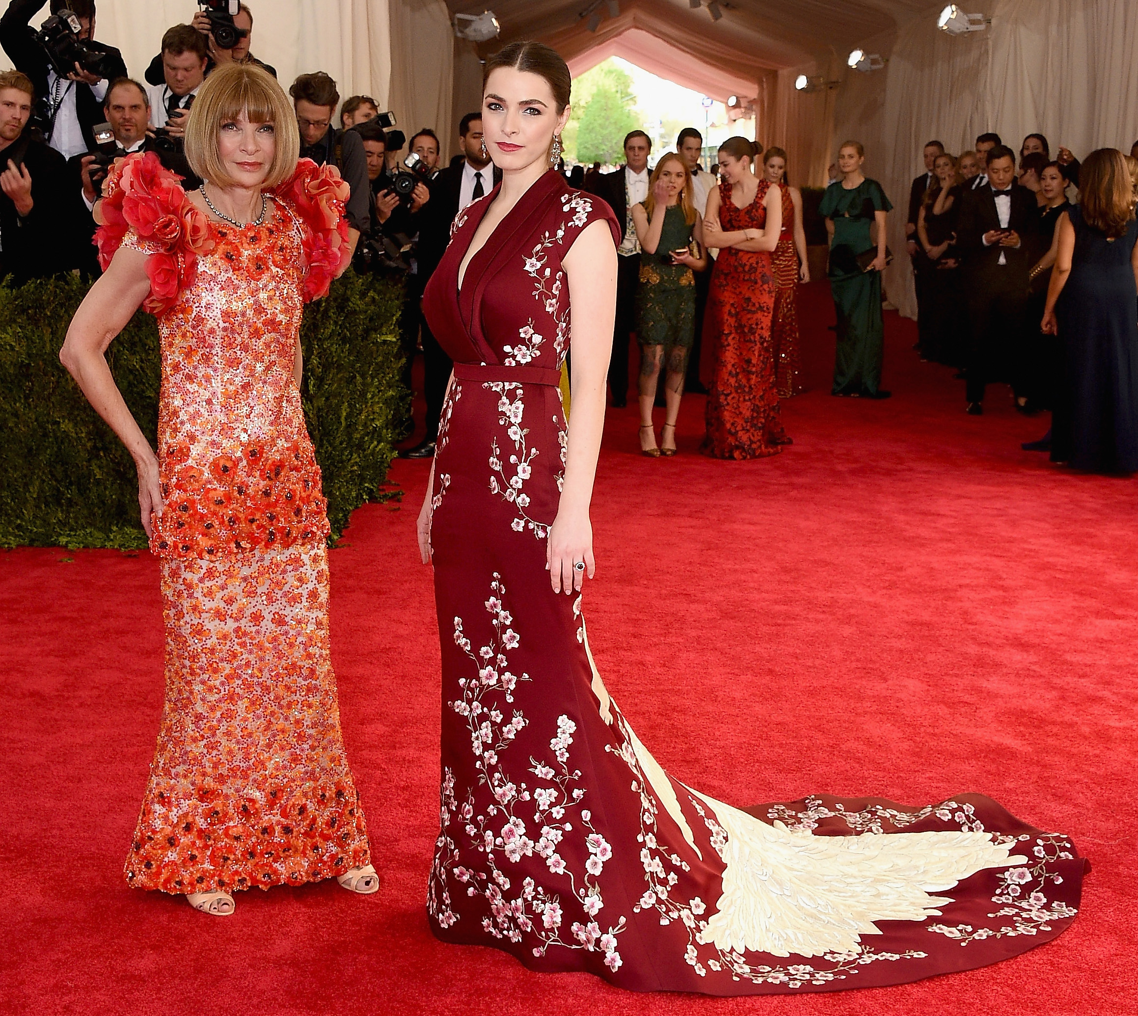 Anna Wintour and Bee Shaffer brought their interpretation of China in red outfits at the Met Gala celebrating "China: Through The Looking Glass" on May 4, 2015, in New York City.