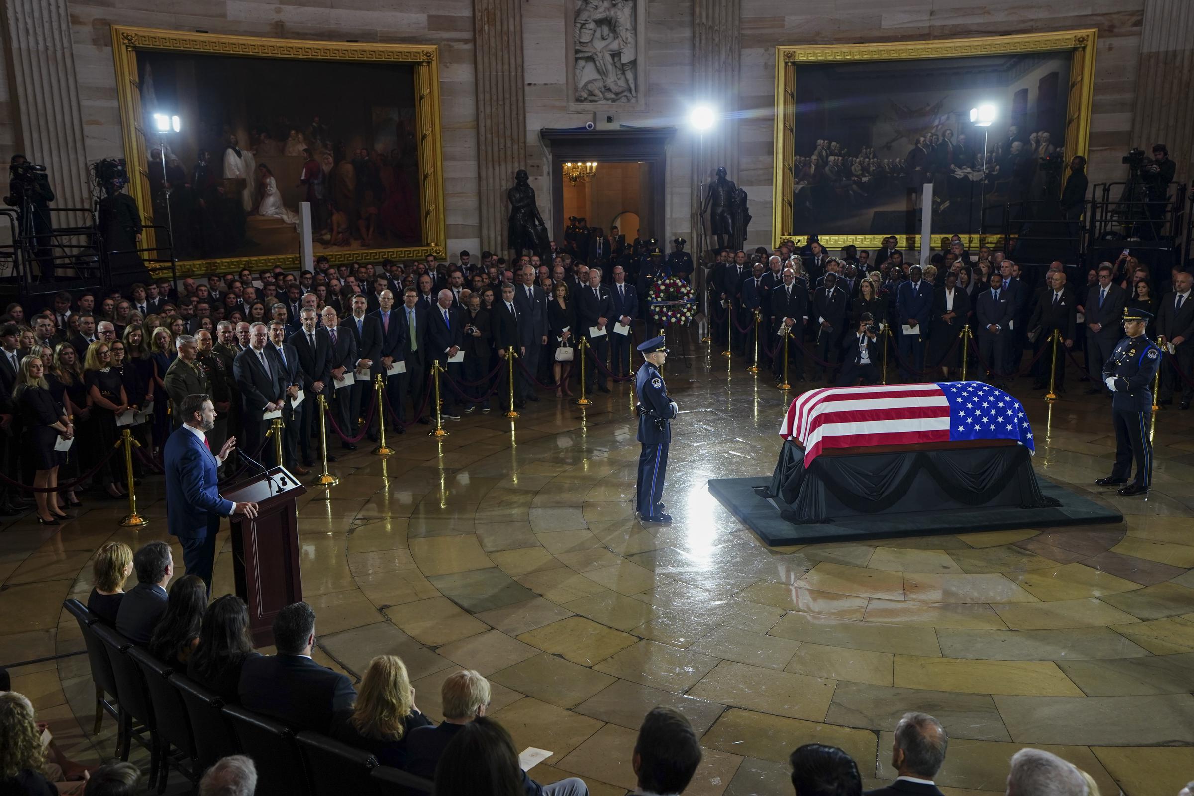 He joked about how Lindsey Graham frequently mentioned his campaign website to help him raise money for his Senate race. In this photo, he spoke during a congressional tribute to the late senator in the Rotunda of the U.S. Capitol on July 28, 2026, in Washington, D.C. | Source: Getty Images